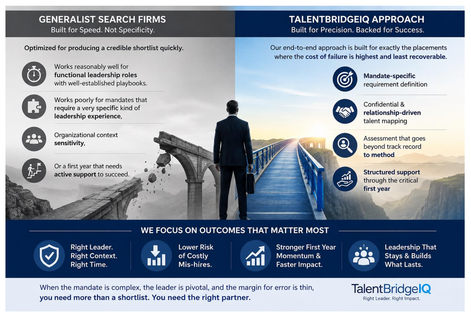 Generalist Search Firms vs TalentBridgeIQ Executive Search Approach Infographic